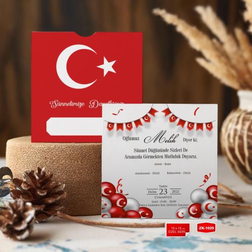 Davetiye Kod : 1029 - Özel Zarflı Türk Bayraklı Sünnet Davetiyesi
