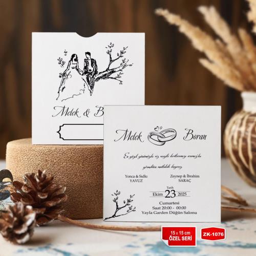 Davetiye Kod : 1076 - Özel Zarflı Gelin damat figürlü Düğün Davetiyesi
