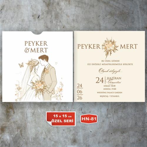 Davetiye Kodu: HN-81 özel zarflı DAMAT GELİN FİGÜRLÜ 15x15 davetiye